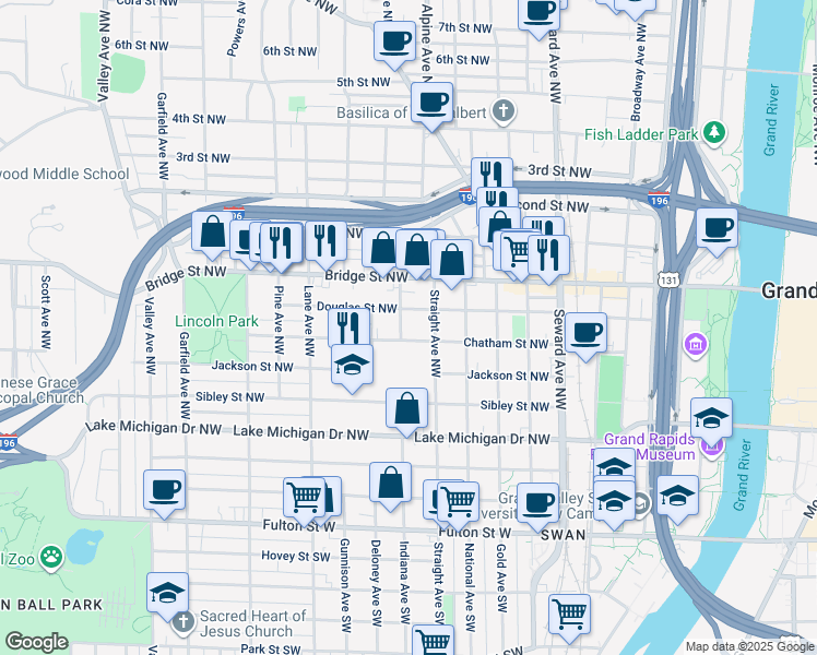 map of restaurants, bars, coffee shops, grocery stores, and more near 310 Indiana Avenue Northwest in Grand Rapids
