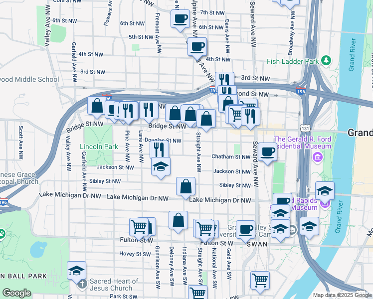 map of restaurants, bars, coffee shops, grocery stores, and more near 310 Indiana Avenue Northwest in Grand Rapids