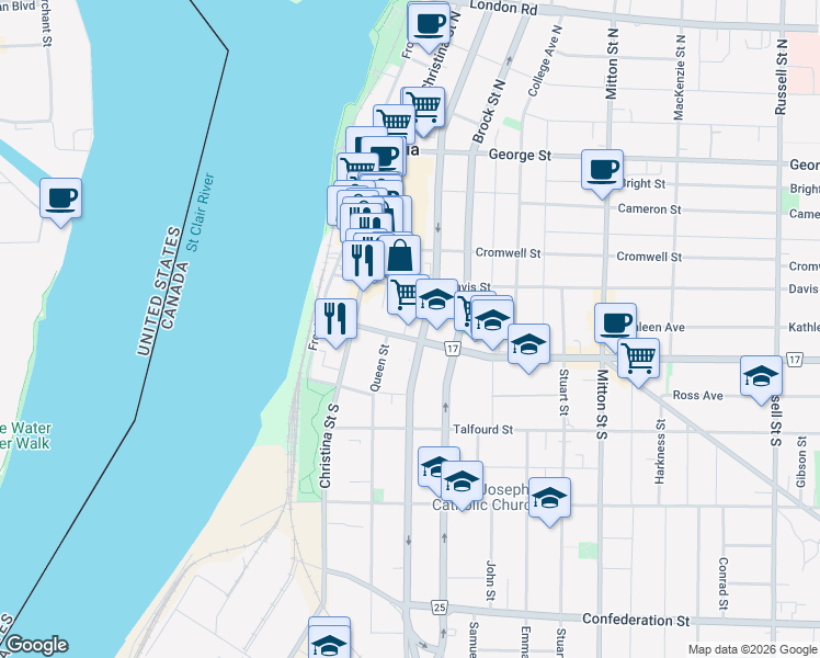 map of restaurants, bars, coffee shops, grocery stores, and more near 134 Victoria Street in Sarnia