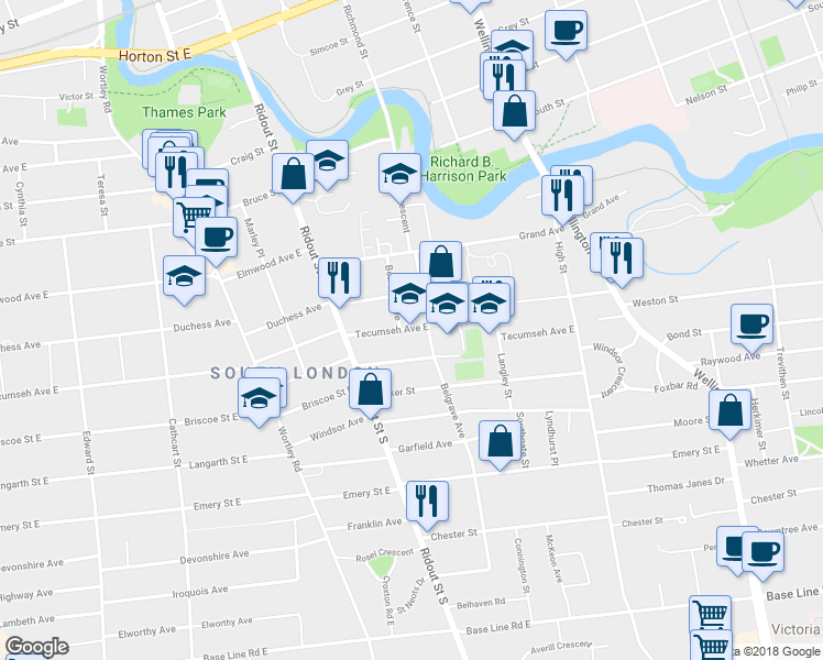 map of restaurants, bars, coffee shops, grocery stores, and more near 351 Tecumseh Ave E in London