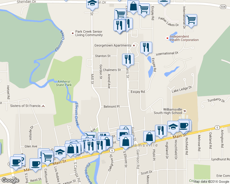 map of restaurants, bars, coffee shops, grocery stores, and more near 208 North Ellicott Street in Buffalo