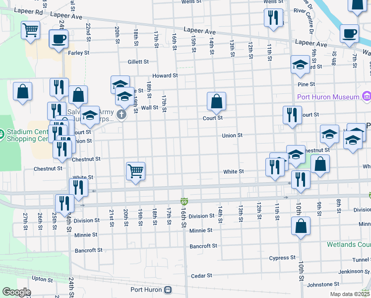 map of restaurants, bars, coffee shops, grocery stores, and more near 1513 Chestnut Street in Port Huron
