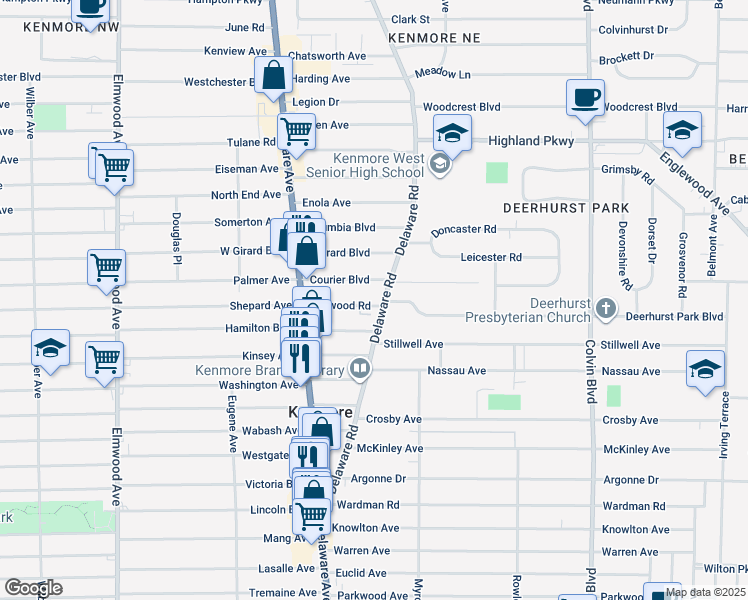 map of restaurants, bars, coffee shops, grocery stores, and more near 249 Delaware Road in Buffalo