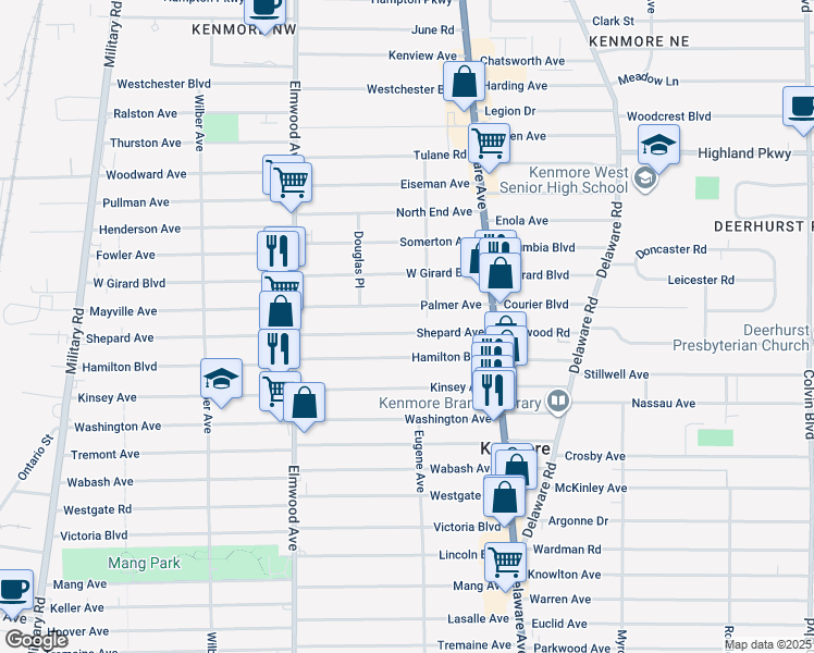 map of restaurants, bars, coffee shops, grocery stores, and more near 98 Shepard Avenue in Buffalo