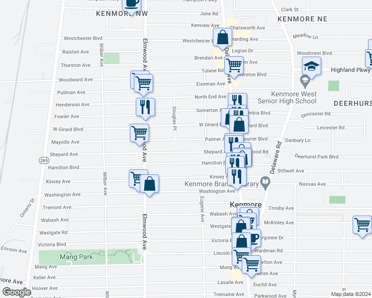 map of restaurants, bars, coffee shops, grocery stores, and more near 98 Shepard Avenue in Buffalo