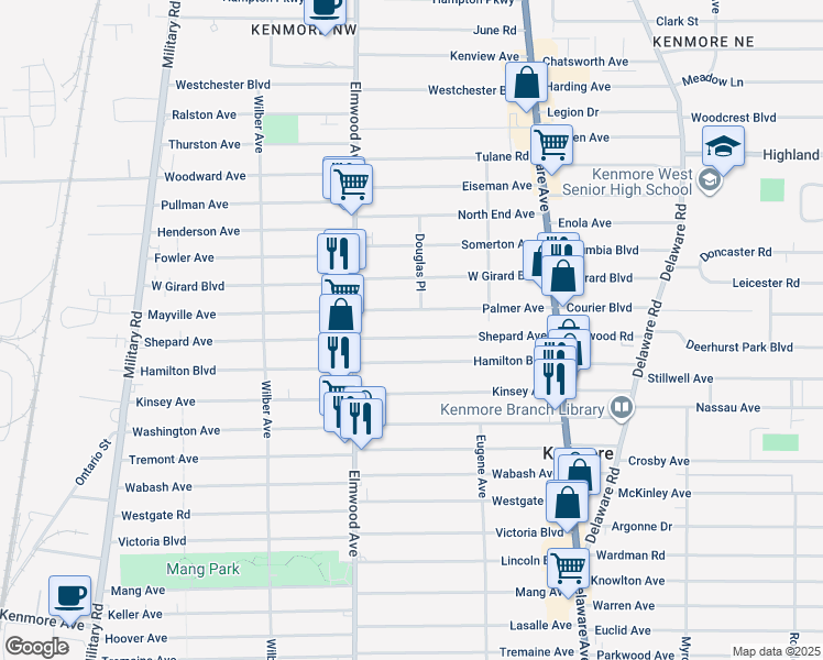map of restaurants, bars, coffee shops, grocery stores, and more near 149 Shepard Avenue in Buffalo