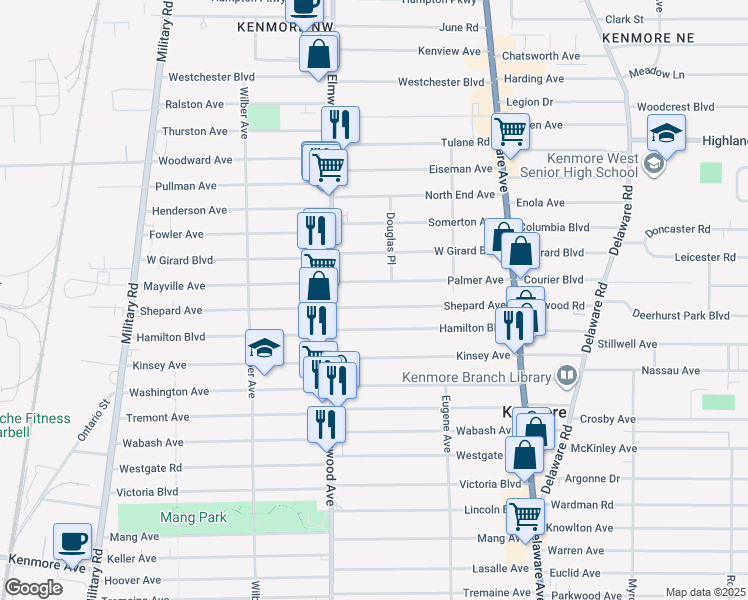 map of restaurants, bars, coffee shops, grocery stores, and more near 176 Shepard Avenue in Buffalo