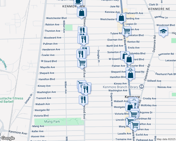 map of restaurants, bars, coffee shops, grocery stores, and more near 176 Shepard Avenue in Buffalo