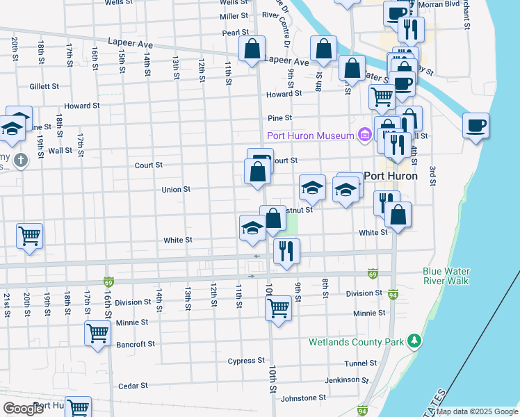 map of restaurants, bars, coffee shops, grocery stores, and more near 1020 Chestnut Street in Port Huron