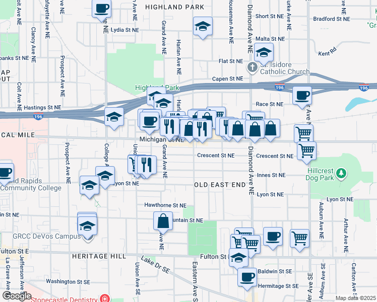 map of restaurants, bars, coffee shops, grocery stores, and more near 748 Crescent Street Northeast in Grand Rapids