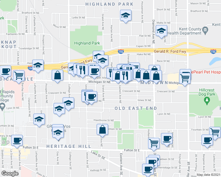 map of restaurants, bars, coffee shops, grocery stores, and more near 714 Crescent Street Northeast in Grand Rapids