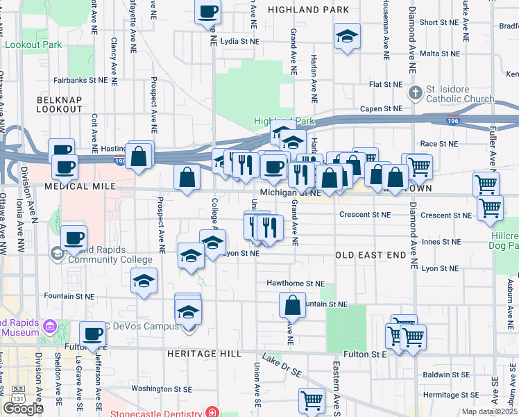 map of restaurants, bars, coffee shops, grocery stores, and more near 557 Crescent Street Northeast in Grand Rapids