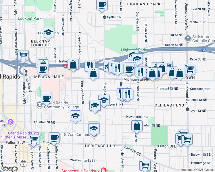 map of restaurants, bars, coffee shops, grocery stores, and more near 521 Crescent Street Northeast in Grand Rapids