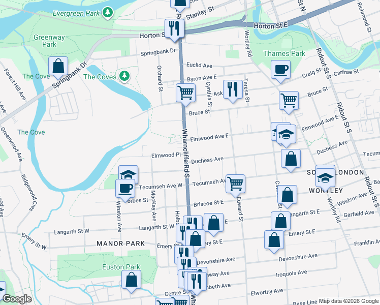 map of restaurants, bars, coffee shops, grocery stores, and more near 248 Wharncliffe Road South in London