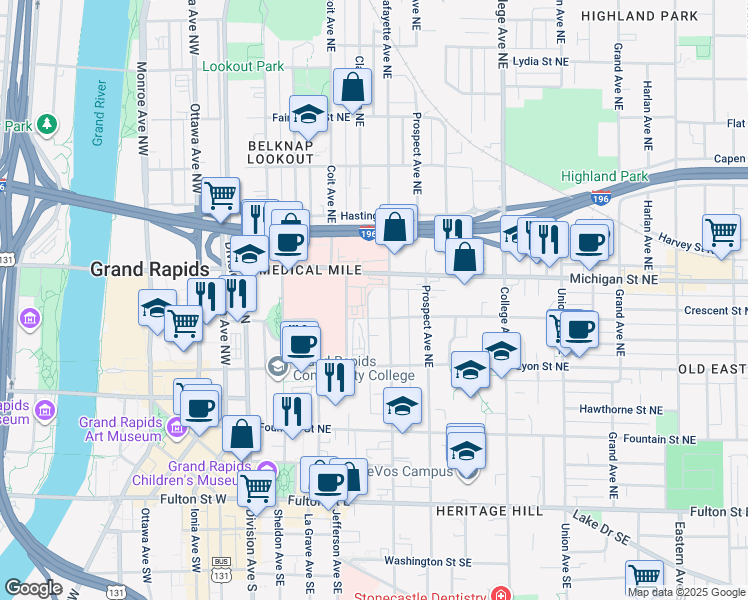 map of restaurants, bars, coffee shops, grocery stores, and more near 314 Claremont Place Northeast in Grand Rapids