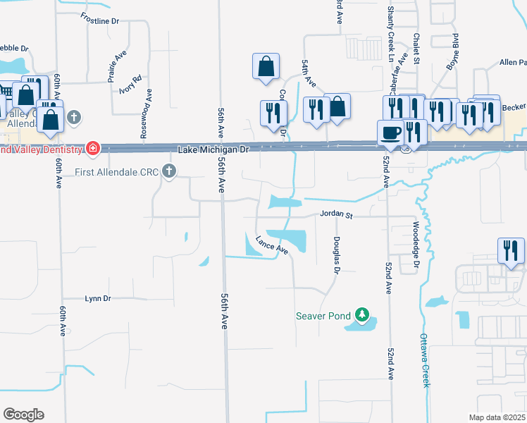 map of restaurants, bars, coffee shops, grocery stores, and more near 5494 Jordan Street in Allendale Charter Township