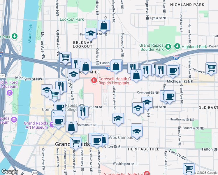map of restaurants, bars, coffee shops, grocery stores, and more near 314 Claremont Place Northeast in Grand Rapids