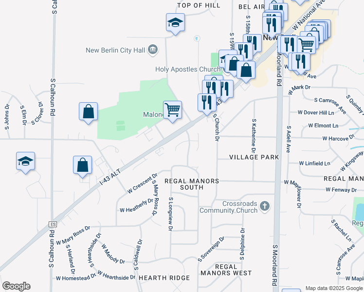 map of restaurants, bars, coffee shops, grocery stores, and more near 4149 South Regal Manor Court in New Berlin