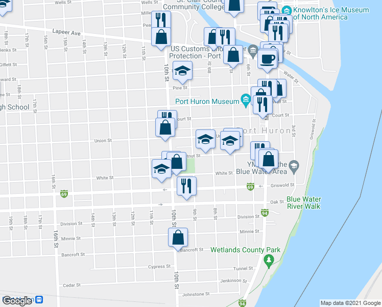 map of restaurants, bars, coffee shops, grocery stores, and more near 909 Chestnut Street in Port Huron