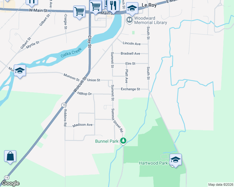 map of restaurants, bars, coffee shops, grocery stores, and more near 77 Summit Street in Le Roy