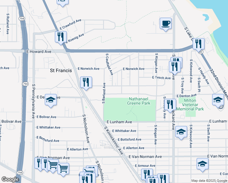 map of restaurants, bars, coffee shops, grocery stores, and more near 3241 East Denton Avenue in Saint Francis