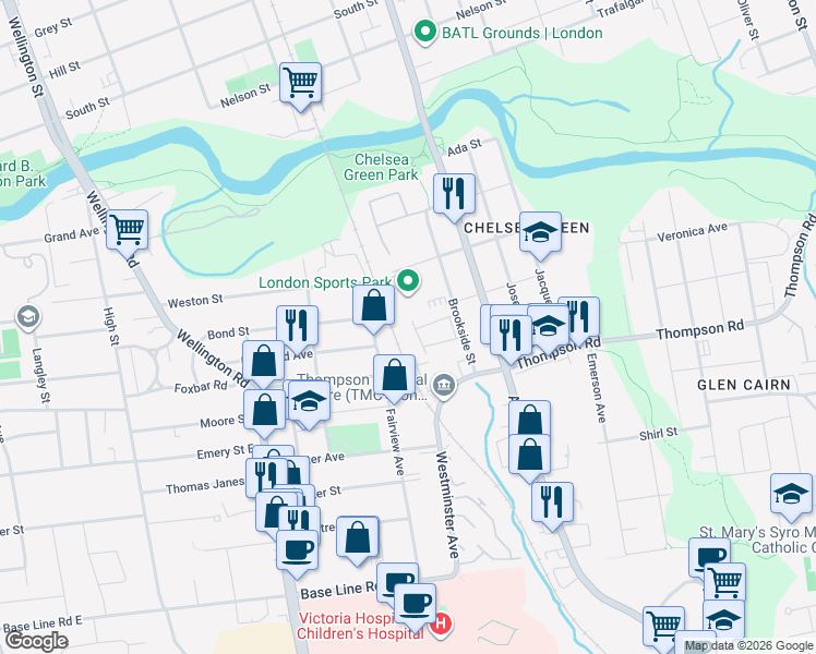 map of restaurants, bars, coffee shops, grocery stores, and more near 101 Brookside Street in London