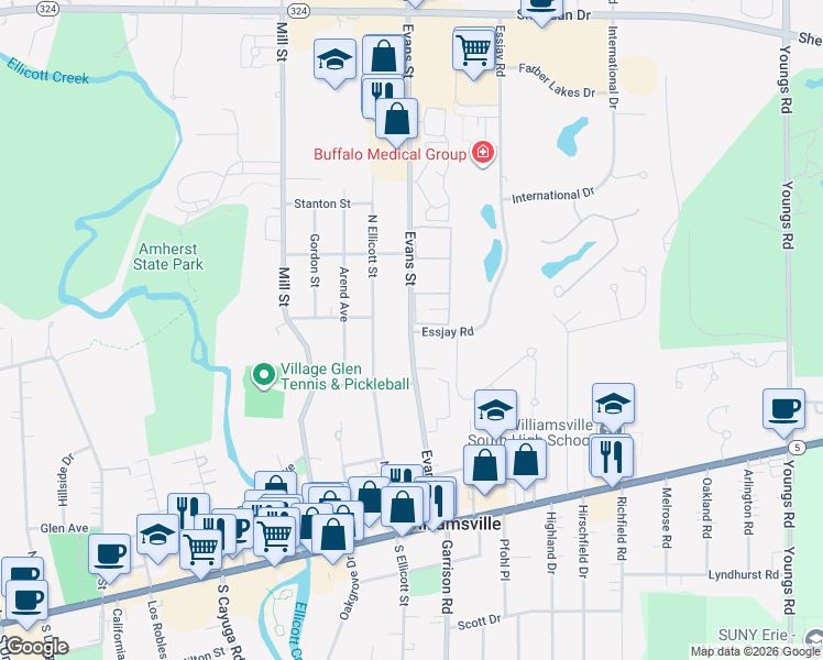 map of restaurants, bars, coffee shops, grocery stores, and more near 186 Evans Street in Buffalo