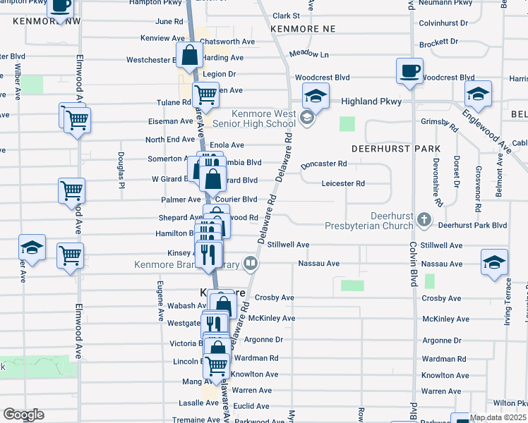 map of restaurants, bars, coffee shops, grocery stores, and more near 249 Delaware Road in Buffalo