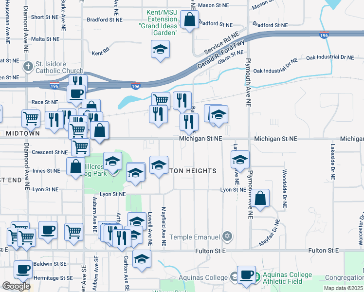 map of restaurants, bars, coffee shops, grocery stores, and more near 1542 Michigan Street Northeast in Grand Rapids