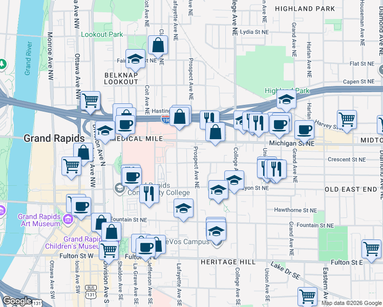 map of restaurants, bars, coffee shops, grocery stores, and more near 335 Crescent Street Northeast in Grand Rapids