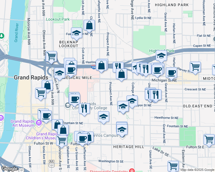 map of restaurants, bars, coffee shops, grocery stores, and more near 335 Crescent Street Northeast in Grand Rapids
