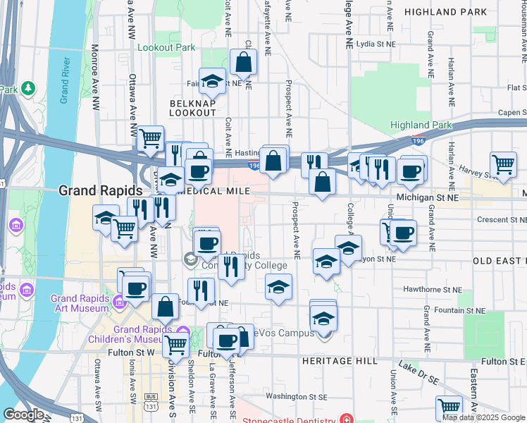 map of restaurants, bars, coffee shops, grocery stores, and more near 241 Crescent Street Northeast in Grand Rapids