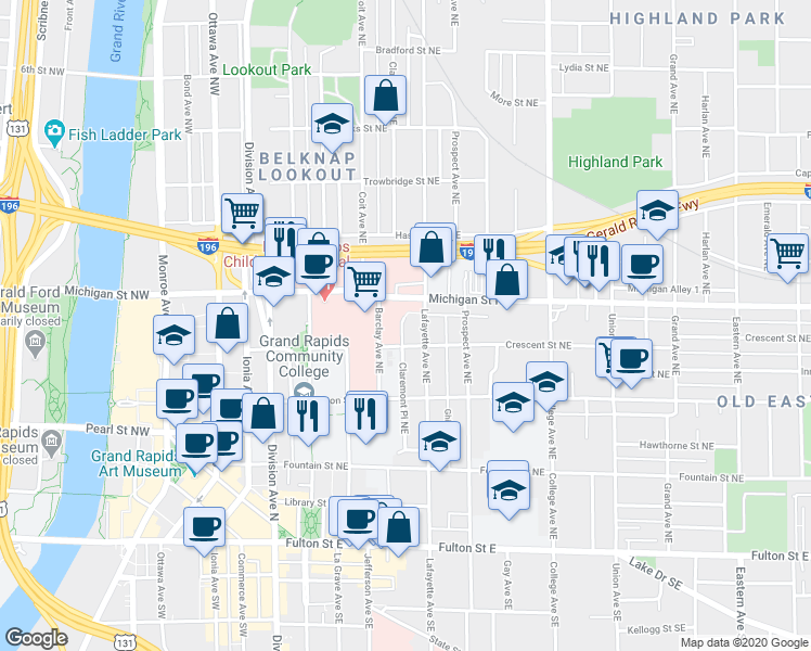 map of restaurants, bars, coffee shops, grocery stores, and more near 241 Crescent Street Northeast in Grand Rapids