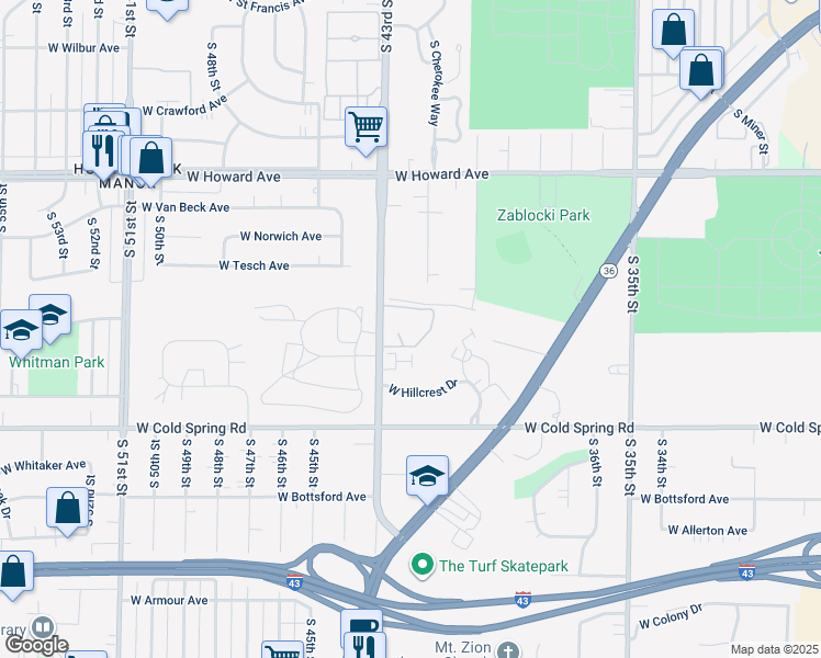 map of restaurants, bars, coffee shops, grocery stores, and more near 4108 South 43rd Street in Greenfield