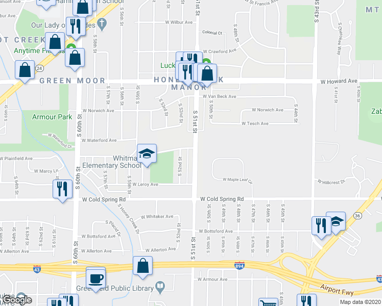 map of restaurants, bars, coffee shops, grocery stores, and more near 4138 South 51st Street in Milwaukee