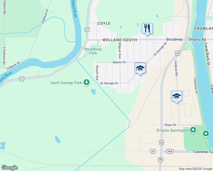 map of restaurants, bars, coffee shops, grocery stores, and more near 357 Saint George Street in Welland