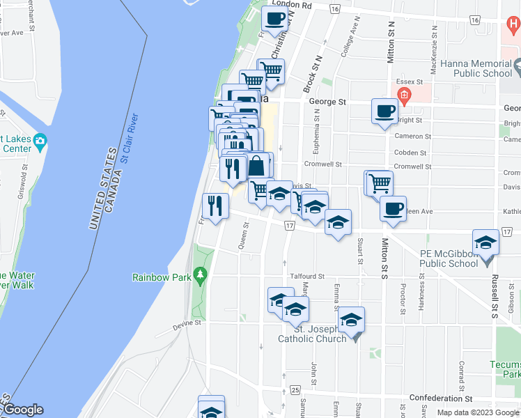 map of restaurants, bars, coffee shops, grocery stores, and more near 132 Victoria Street in Sarnia