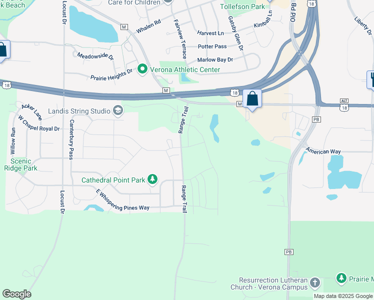 map of restaurants, bars, coffee shops, grocery stores, and more near 2007-2041 Range Trail in Verona