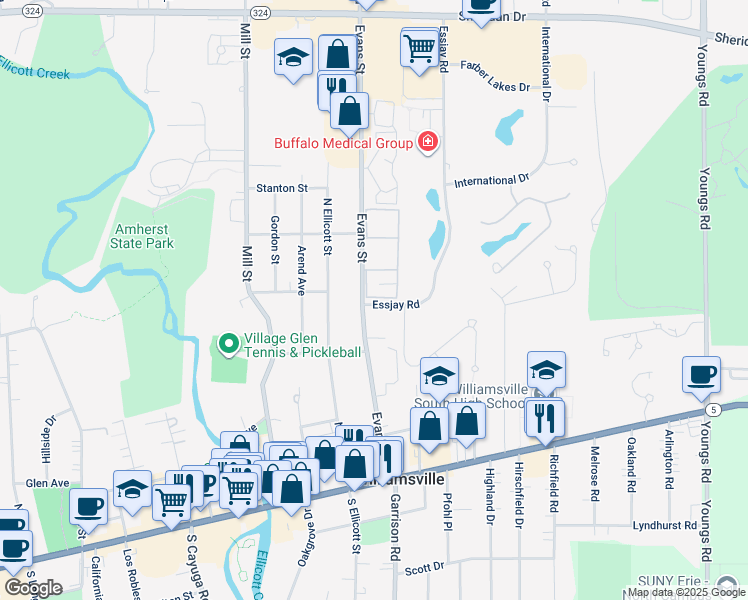 map of restaurants, bars, coffee shops, grocery stores, and more near 203 Evans Street in Williamsville