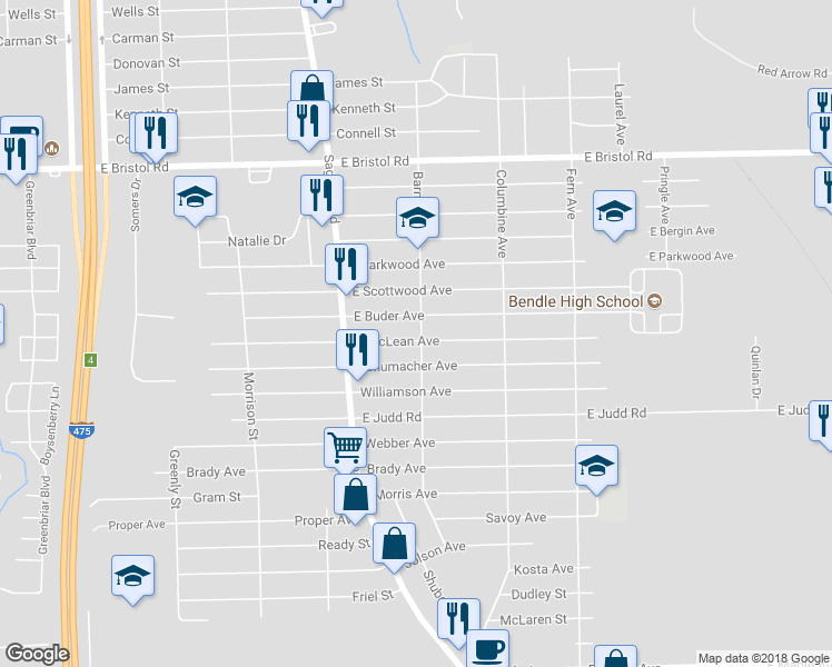 map of restaurants, bars, coffee shops, grocery stores, and more near 2087 East McLean Avenue in Burton