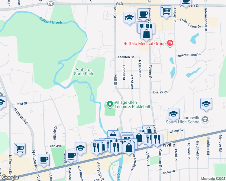 map of restaurants, bars, coffee shops, grocery stores, and more near 212 Mill Street in Buffalo