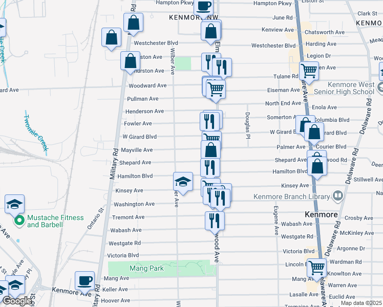 map of restaurants, bars, coffee shops, grocery stores, and more near 252 Shepard Avenue in Buffalo