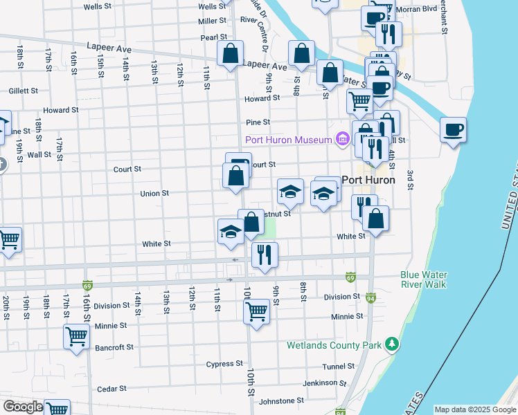 map of restaurants, bars, coffee shops, grocery stores, and more near 909 Chestnut Street in Port Huron
