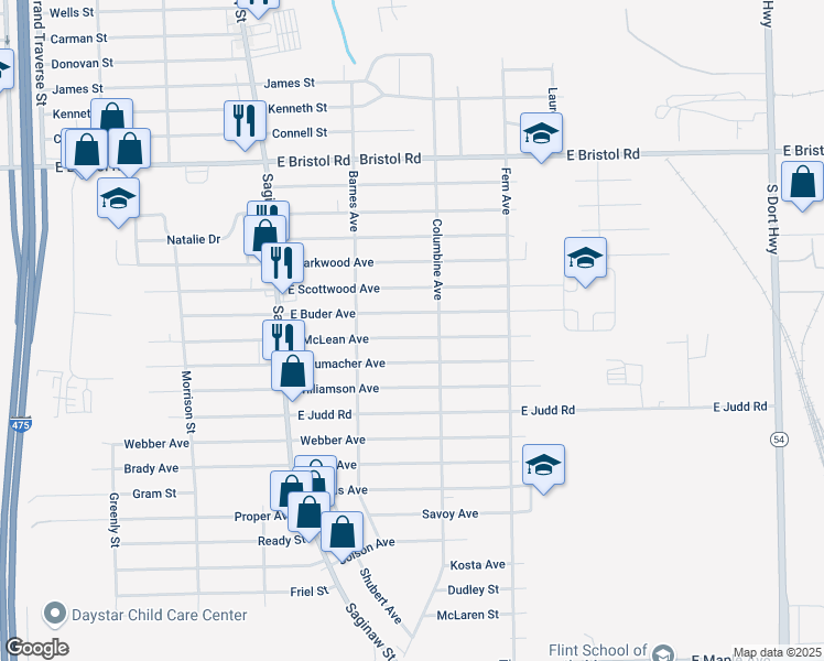 map of restaurants, bars, coffee shops, grocery stores, and more near 2147 East Schumacher Street in Burton