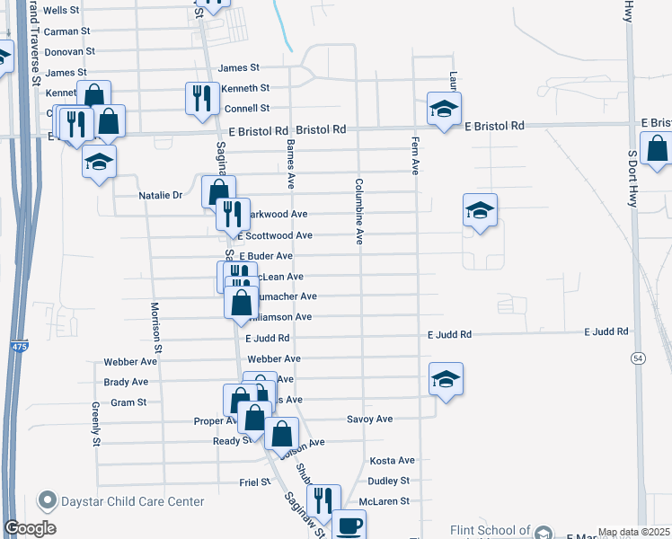 map of restaurants, bars, coffee shops, grocery stores, and more near 2147 East Schumacher Street in Burton