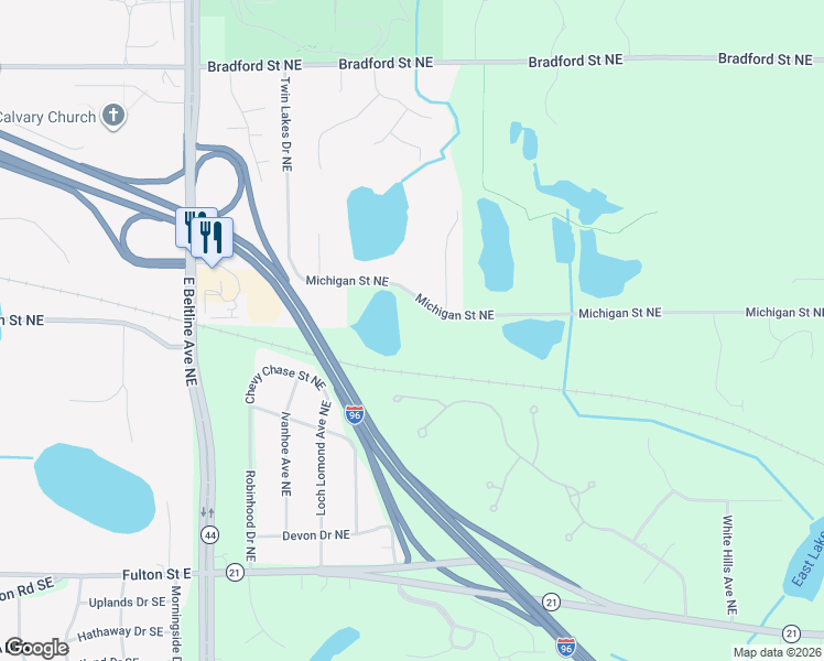 map of restaurants, bars, coffee shops, grocery stores, and more near 3584 Michigan Street Northeast in Grand Rapids