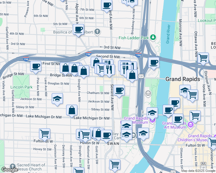 map of restaurants, bars, coffee shops, grocery stores, and more near 301 Seward Avenue Northwest in Grand Rapids