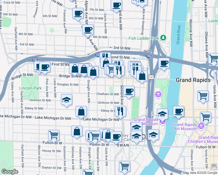 map of restaurants, bars, coffee shops, grocery stores, and more near 649 Chatham Street Northwest in Grand Rapids