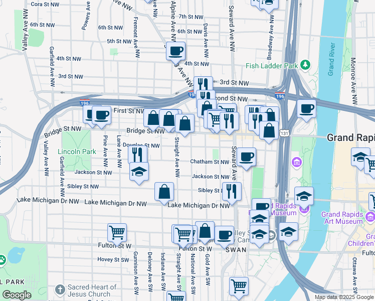map of restaurants, bars, coffee shops, grocery stores, and more near 719 Chatham Street Northwest in Grand Rapids