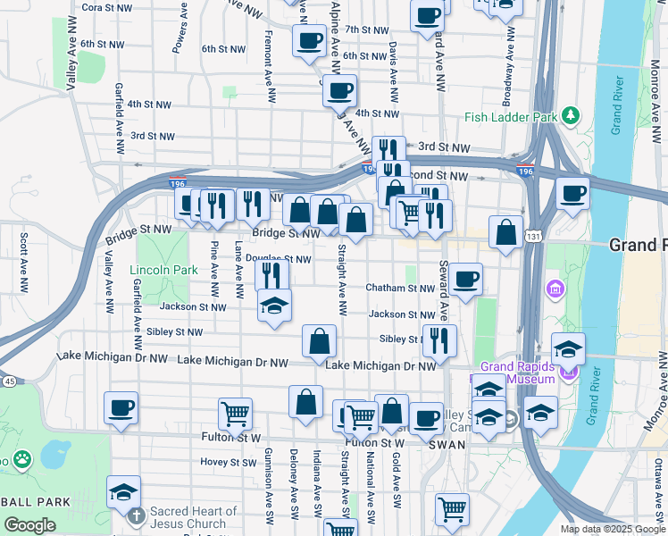 map of restaurants, bars, coffee shops, grocery stores, and more near 300 Straight Avenue Northwest in Grand Rapids